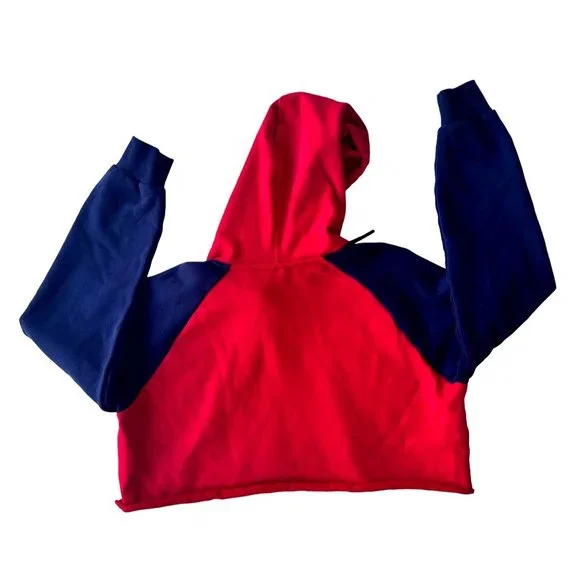 NWOT Fila Cropped Hoodie Large Red Navy Drawstring Logo Fleece Lined Swe… - Picture 8 of 12
